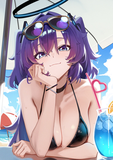 Yuuka en bikini bajo la sombrilla de playa