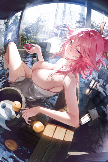 Yae Miko disfrutando del onsen