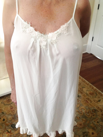 63 wife says our long time friend spending the night with us won't care if she wears her every day nightie. Can't wait to see what he says! Hope it slips off her shoulder.