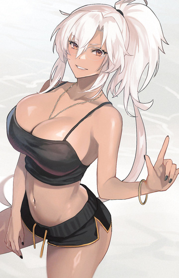 Musashi ist das Schoko-Babe, das am Strand abhängt